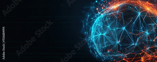 A vibrant digital representation of a brain-like structure, showcasing interconnected nodes and glowing strands in blue and orange against a dark background.