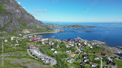 Aerial shot of A, Norway small fishing village in Lofoten Islands