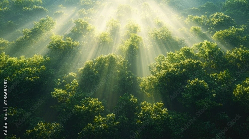 Sunbeams Illuminate Lush Green Forest Canopy