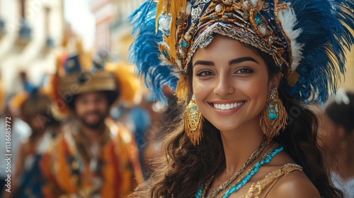 Colorful carnival celebration with a smiling woman wearing vibrant costume in snowy setting