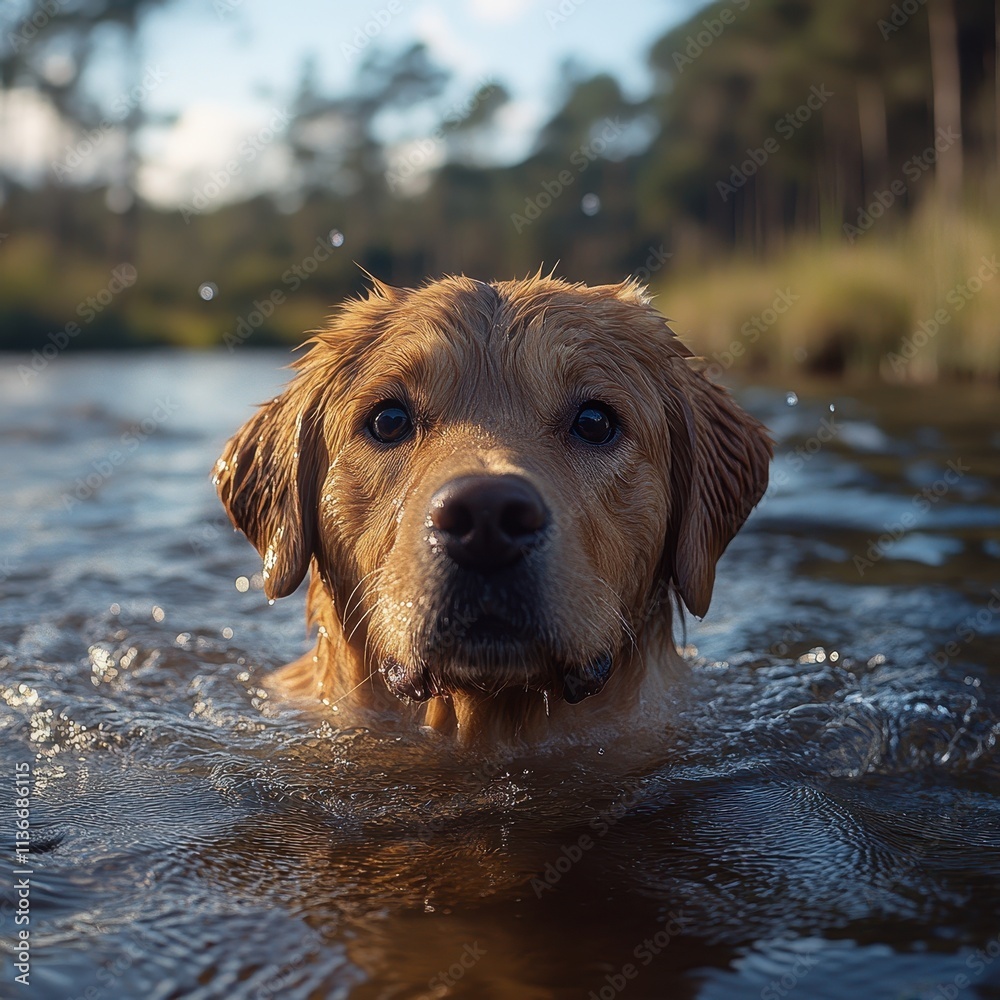 Playful Labrador swimming in a serene lake, enjoying a refreshing day outdoors. Playful Labrador swimming in a serene lake, enjoying a refreshing day outdoors.