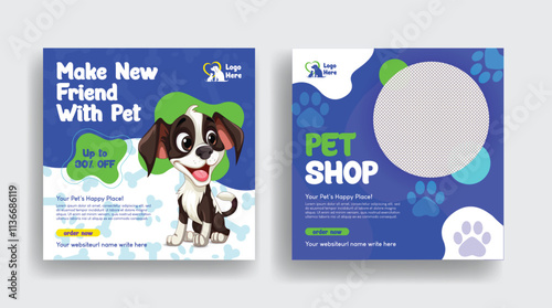 Pet shop, pet food, veterinary doctor social media post or square flyer or poster set, pet shop website banner pack for promotional pet care advertising template bundle