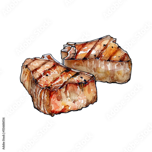 grilled pork chops vector illustration in watercolor style