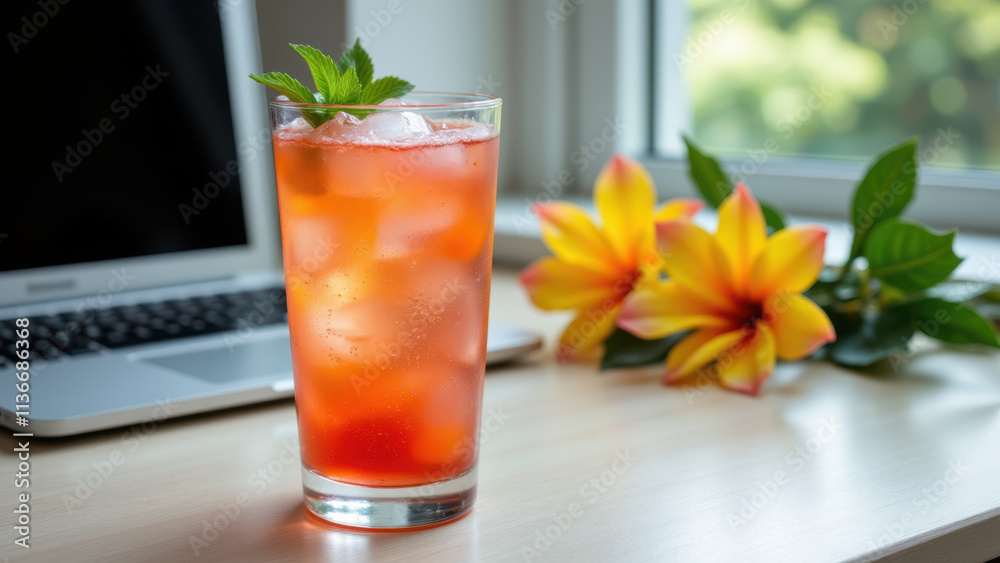 A refreshing glass of strawberry lemonade on a sunny desk with flowers. A refreshing glass of strawberry lemonade on a sunny desk with flowers.