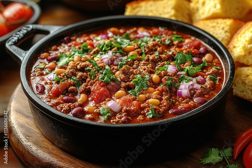 A bowl of chili with beans and onions sits on a wooden table