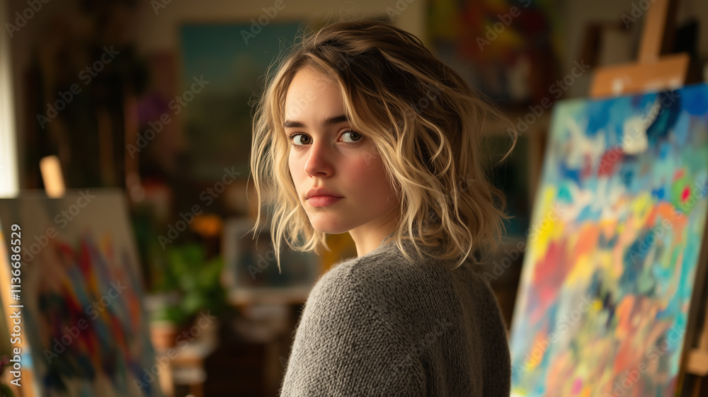 In a bright art studio filled with color, a young woman gazes thoughtfully towards the camera. In a bright art studio filled with color, a young woman gazes thoughtfully towards the camera.