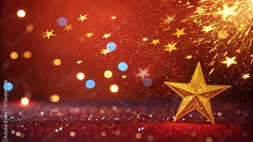 Shiny red glitter sparkles with bright star lights in a festive, abstract Christmas background. Shiny red glitter sparkles with bright star lights in a festive, abstract Christmas background.