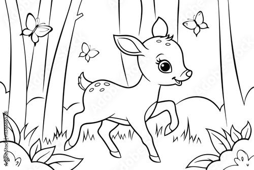 Adorable Fawn in Forest Coloring Page with Butterflies