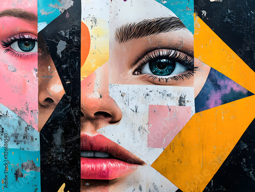 abstract illustration woman human emotions expression fragmented faces colorful art painting geometric shapes contrasting depth complexity modern artistic sadness depression illusion mental health