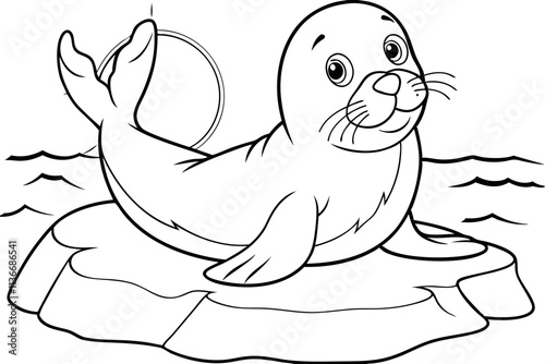 Adorable Cartoon Seal Pup on Ice Floe, Arctic Ocean Scene