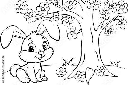 Adorable Bunny Rabbit Coloring Page Springtime Blossoms Tree