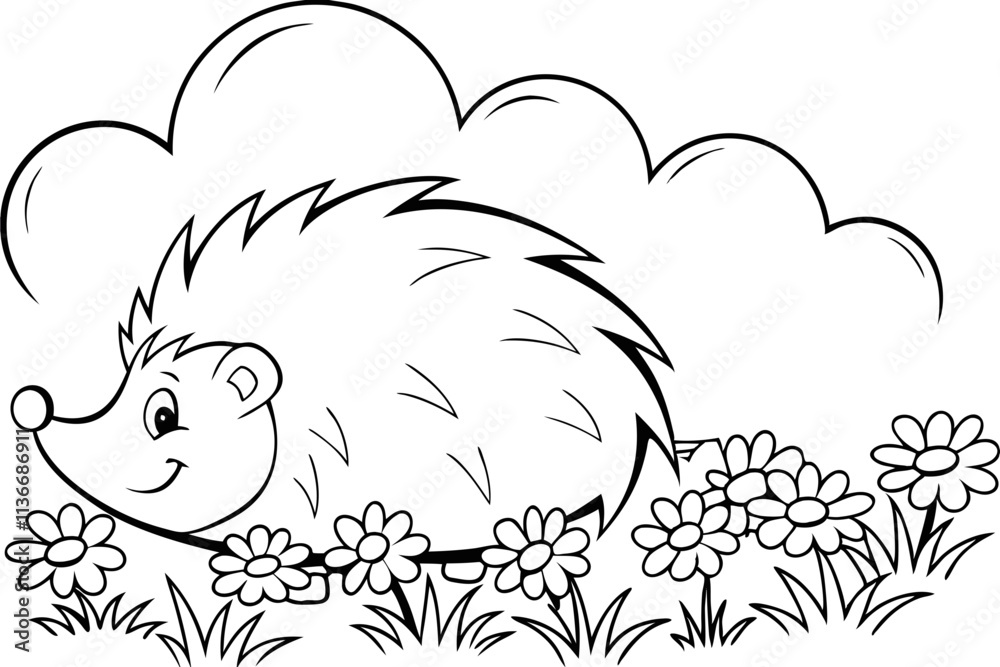 Obraz premium Adorable Hedgehog Coloring Page Flowers, Nature, Springtime Fun