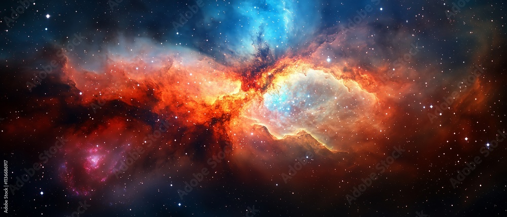 Fototapeta premium Colorful space scene with a red and blue cloud in the middle. The stars are scattered throughout the image, creating a sense of depth and vastness