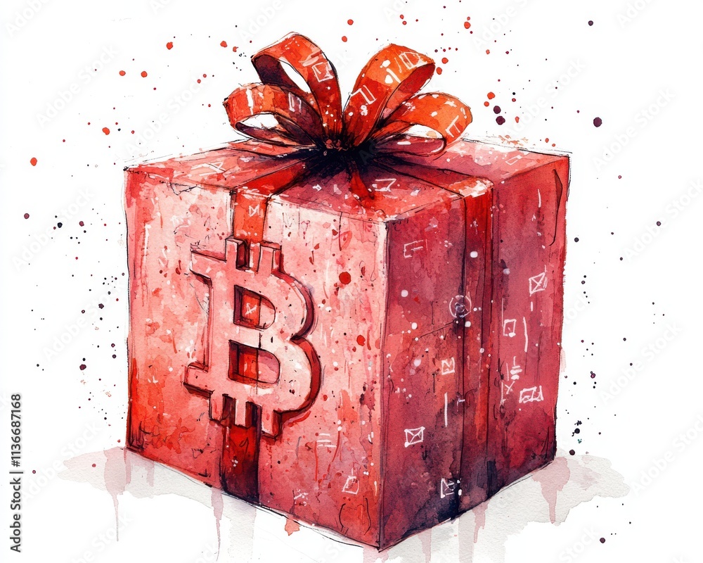 A vibrant red gift box with a Bitcoin symbol, symbolizing cryptocurrency investment.