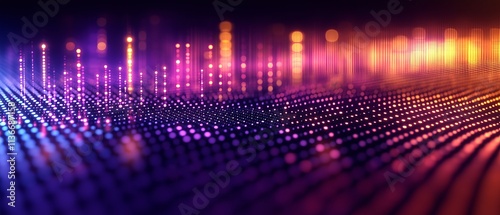 Colorful, abstract image with a purple and orange background. The image is made up of many small dots, creating a sense of depth and movement. The colors and patterns evoke a feeling of energy
