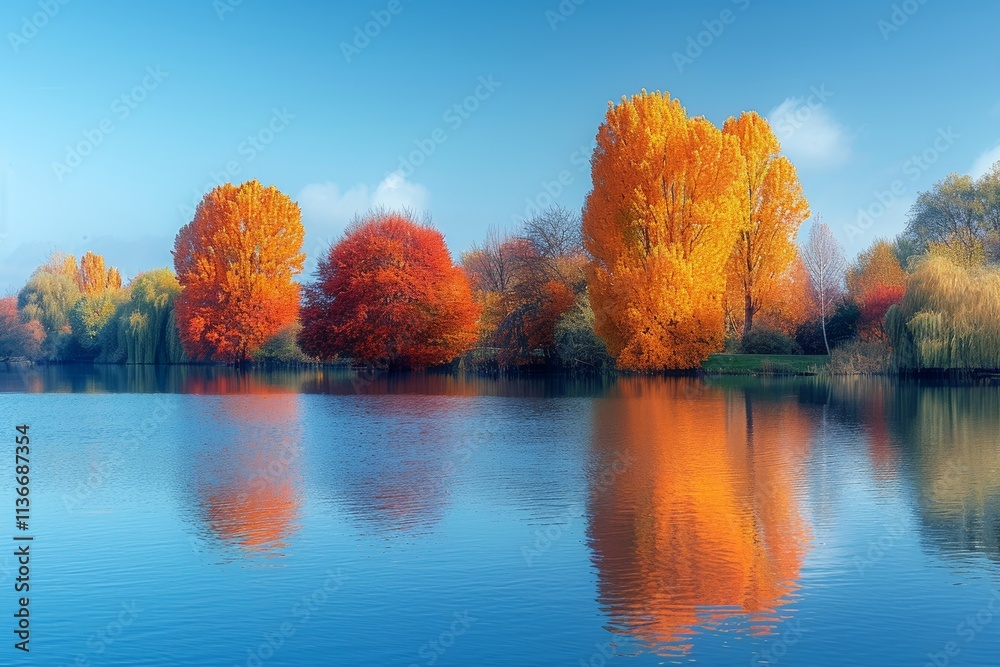 Vibrant autumn colors reflected in a serene lake surrounded by trees and clear blue skies Vibrant autumn colors reflected in a serene lake surrounded by trees and clear blue skies