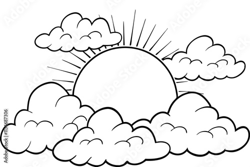 Simple Line Drawing Sun Rising Behind Fluffy Clouds