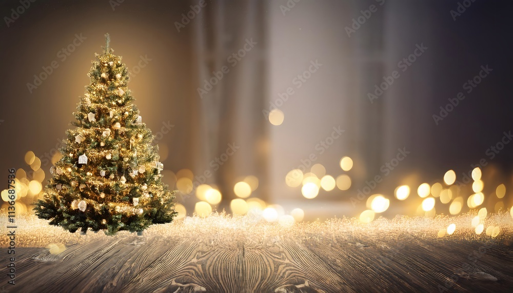 Festive Christmas Tree on Wooden Table with Golden Lights Festive Christmas Tree on Wooden Table with Golden Lights