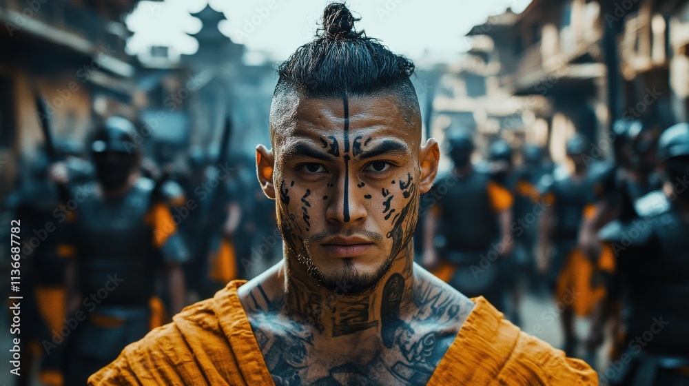 Intricate warrior with tribal tattoos stands before a fierce backdrop of armored soldiers in a historic setting