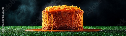 Irish whiskey cake with a drizzle of caramel, rolling emeraldgreen fields under dramatic clouds photo