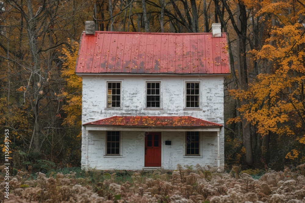 Old white farmhouse with red roof and vibrant autumn foliage in rural setting