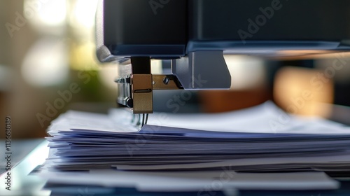 A magnified view of an electric stapler punching through sheets of paper