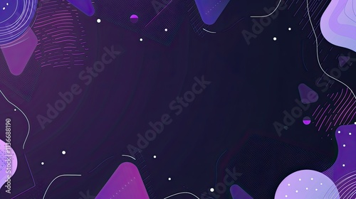Abstract design featuring purple shapes and lines on a dark background.