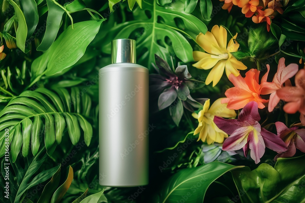 A sleek shampoo bottle elegantly positioned against a lush backdrop of vibrant greenery and colorful flowers, showcasing a refreshing and natural aesthetic. A sleek shampoo bottle elegantly positioned against a lush backdrop of vibrant greenery and colorful flowers, showcasing a refreshing and natural aesthetic.