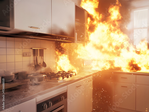 Home house apartment modern kitchen cooking fire engulfed flames intense accident danger explosion urgency urgent chaos burn burning stove photo