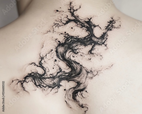 Organic black ink tattoo with swirling patterns and flowing lines, giving the impression of natural elements like water or smoke photo