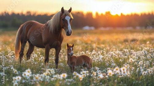 Majestic horse and foal in a golden field during sunset
