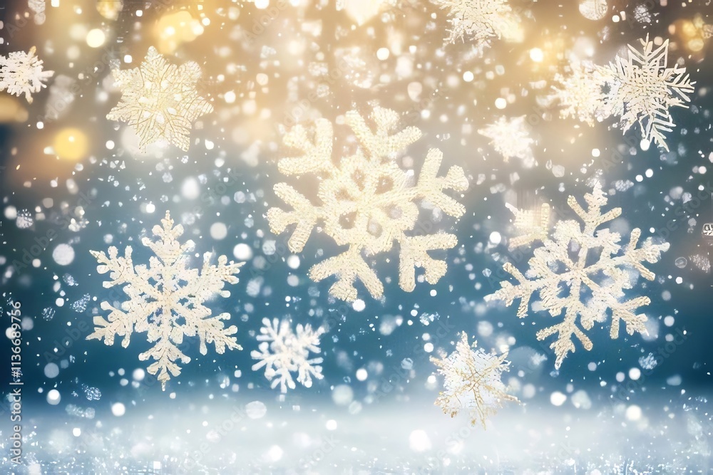 Golden snowflakes falling on blue snowy backdrop. Golden snowflakes falling on blue snowy backdrop.