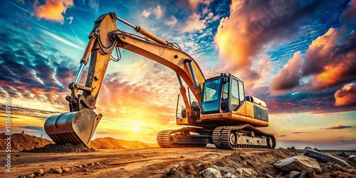 Wallpaper Mural Vintage Excavator Panorama, Blue Sky, Construction Machinery, Retro Photography, Heavy Equipment, Digger, Earthmover, Industrial, Landscape Torontodigital.ca