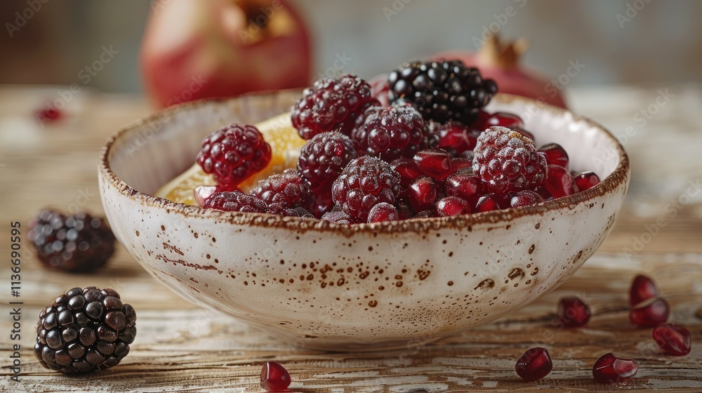 A bowl filled with fresh berries and pomegranate seeds, showcasing vibrant colors and textures. A bowl filled with fresh berries and pomegranate seeds, showcasing vibrant colors and textures.