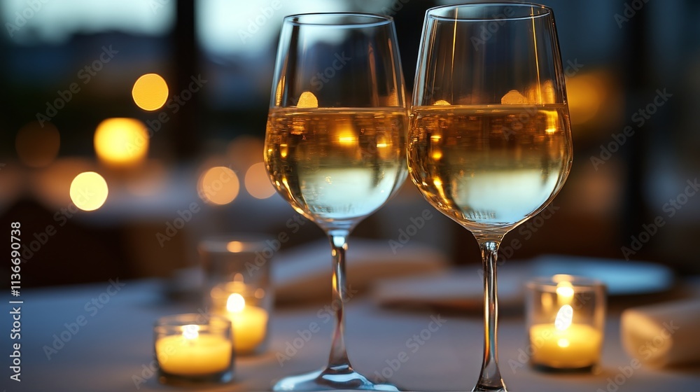 Romantic dining setup with candlelight and glasses in a cozy restaurant at dusk Romantic dining setup with candlelight and glasses in a cozy restaurant at dusk
