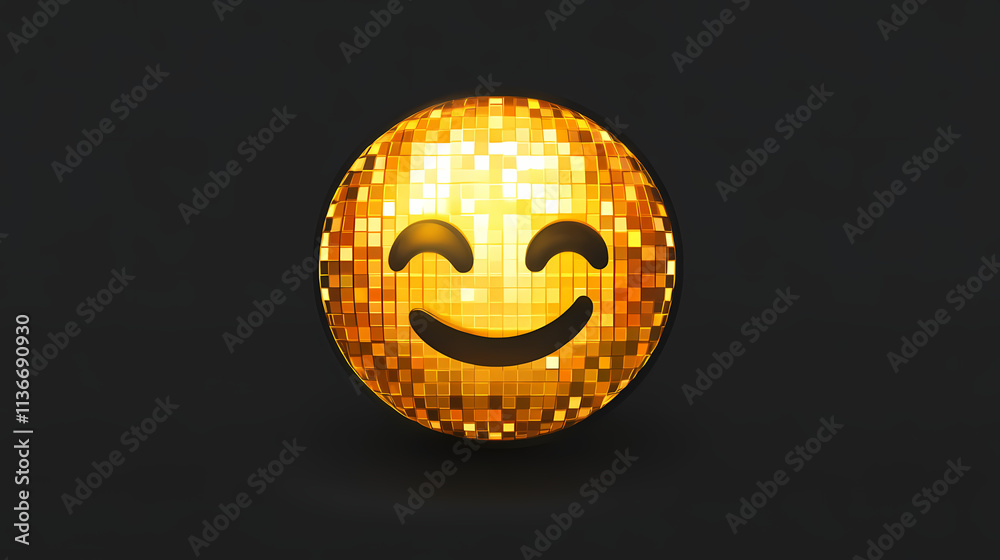 Fototapeta premium Disco ball emoji icon on black background. Mirrored. Illustration
