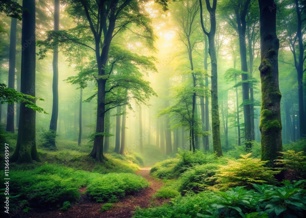 Naklejka premium Vintage Foggy Forest Photography: Lush Green Woodland Scenery, Misty Woods, Antique Photo Effect
