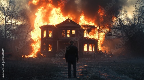 A man stands in front of a burning house, silhouetted against a dark sky photo