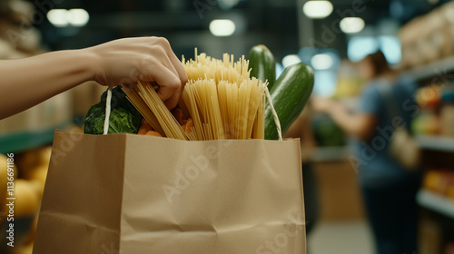 Hands gently fold the top of a paper bag filled with pasta, canned vegetables, and bread, with the organized chaos of a food bank bustling in the distance.