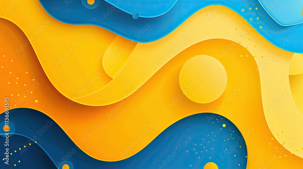 Vibrant abstract design featuring flowing shapes in blue, yellow, and orange hues. Vibrant abstract design featuring flowing shapes in blue, yellow, and orange hues.