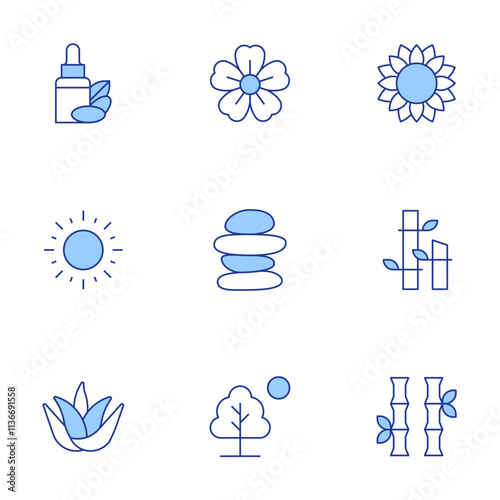 Nature icons set. Line Duotone style, editable stroke. bamboo, sakura, sunflower, sun, tree, argan oil, stones, aloe vera