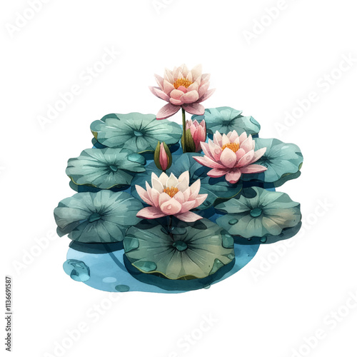 water lilies on a pond vector illustration in watercolor style