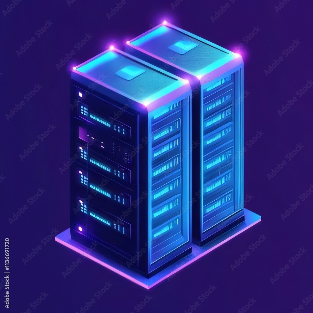 Isometric illustration of two glowing servers. Isometric illustration of two glowing servers.