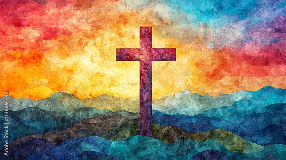 A colorful abstract background featuring a cross on top of a mountain peak during sunset