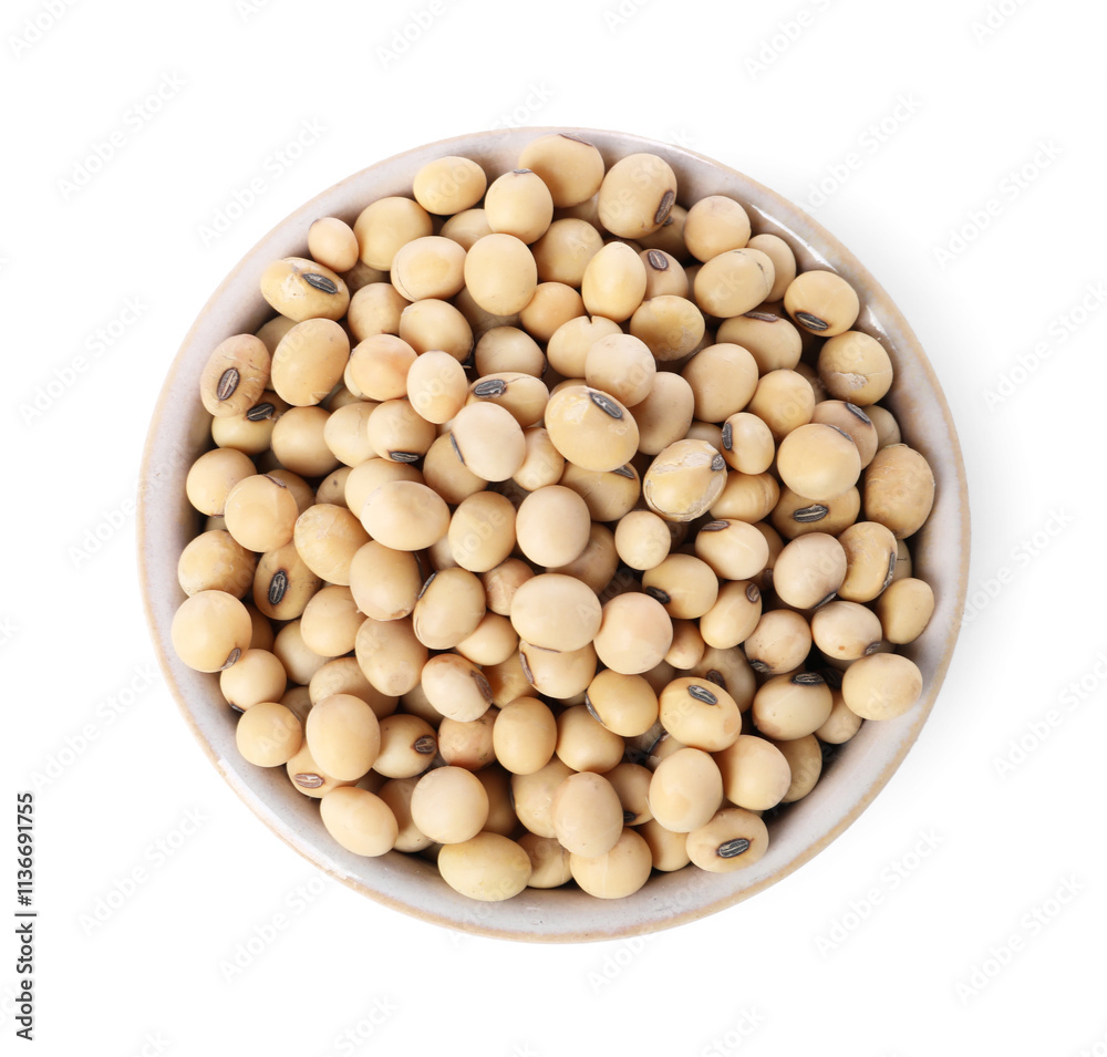 Soy beans in bowl isolated on white, top view Soy beans in bowl isolated on white, top view