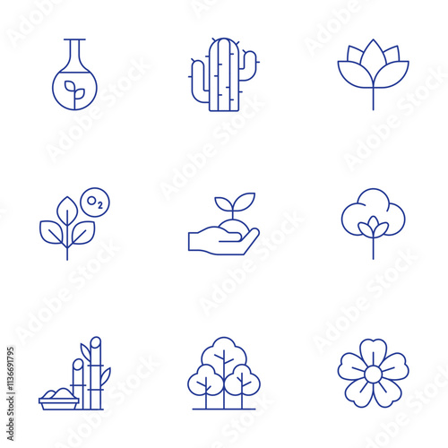 Nature icons set. Thin Line style, editable stroke. cactus, ecology and environment, forest, lotus, natural product, organic cotton, plant, sakura, sugar photo