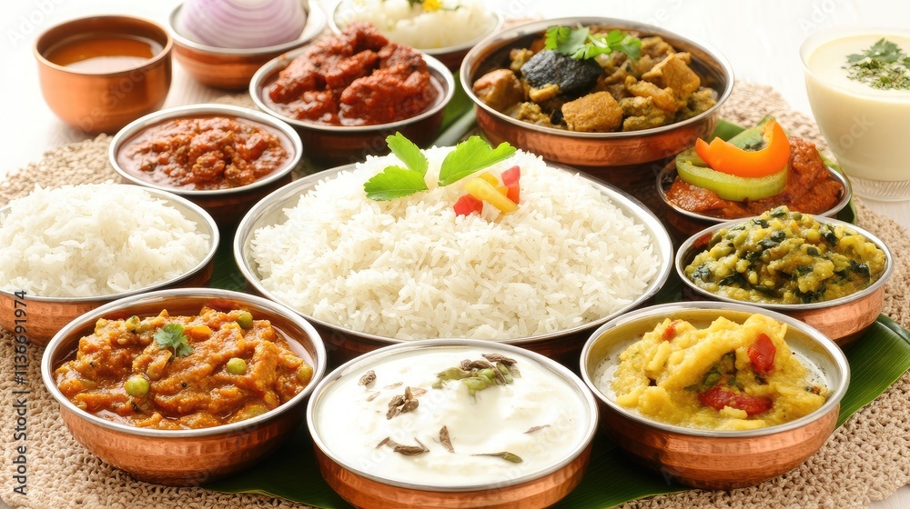 Traditional Indian Feast Served on a Banana Leaf with Varieties of Dishes Including Rice, Lentils, Vegetables, and Spicy Curries for a Flavorful Culinary Experience Traditional Indian Feast Served on a Banana Leaf with Varieties of Dishes Including Rice, Lentils, Vegetables, and Spicy Curries for a Flavorful Culinary Experience