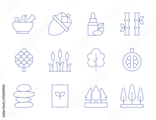 Nature icons. Thin Line style, editable stroke. acorn, argan oil, bamboo, cattail, durian, fertilizer, forest, mortar, pine cone, stones, tree, trees