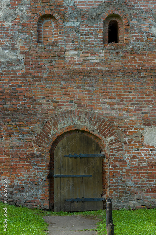 Red brick castle walls. Veliky Novgorod Kremlin. Red brick castle walls. Veliky Novgorod Kremlin.