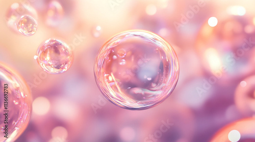 Close up of a pink bubble with a blurry background. The bubbles are floating in the air and appear to be floating in a sea of pink. Concept of lightness and playfulness